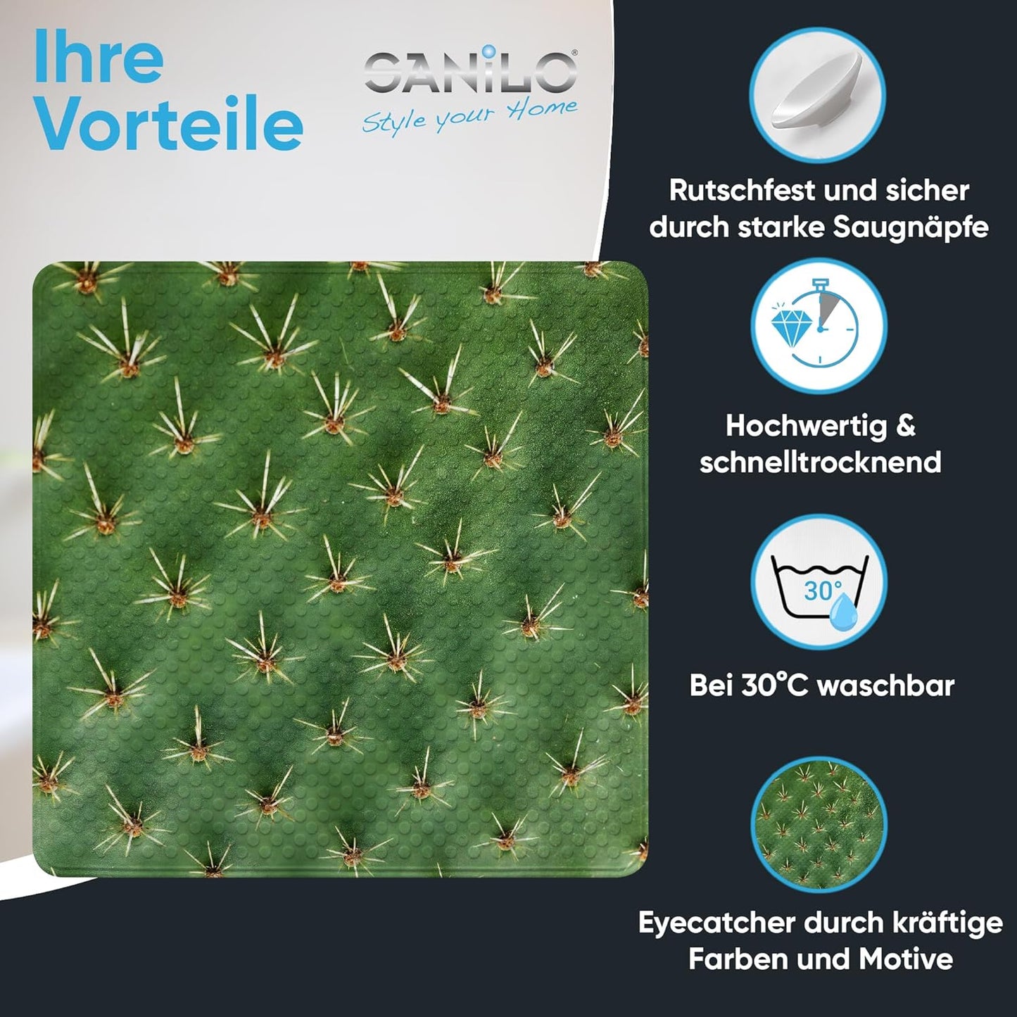 Badematte Antirutschmatte 53x53cm, maschinenwaschbar, Kaktus