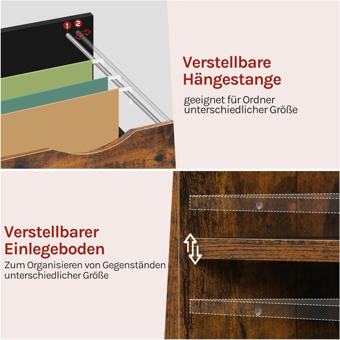 Rollcontainer mit Schubladen und Hängeregistratur, Rustikales Braun
