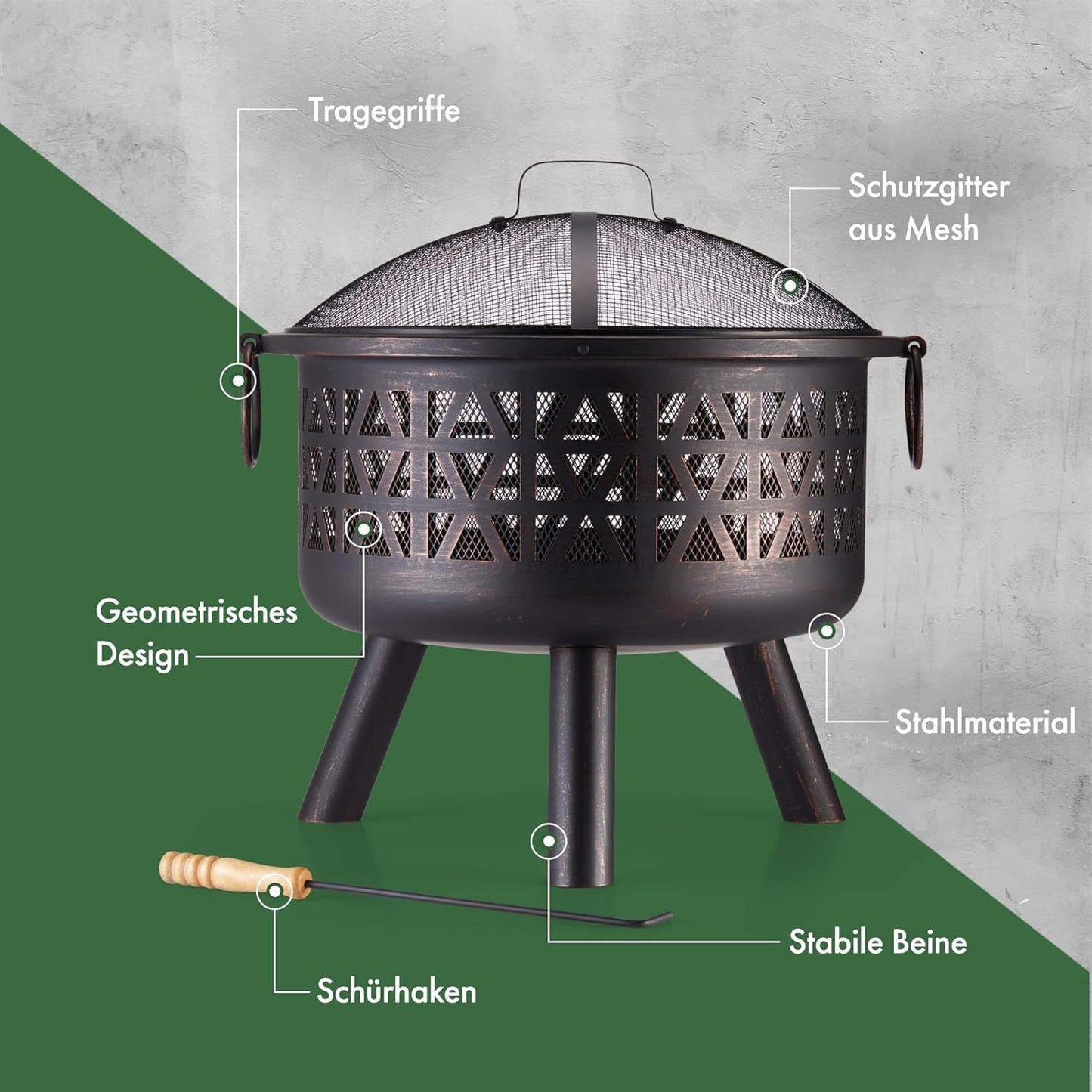 Feuerstelle tragbar für Garten & Terrasse, Braun mit Geometrischem Design