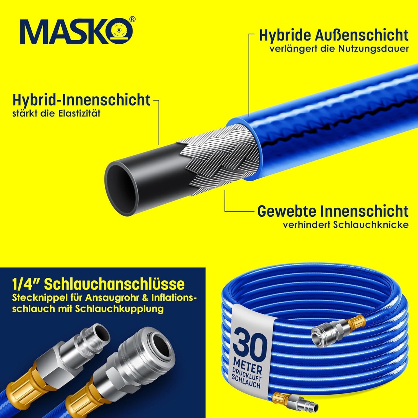 Automatik Schlauchtrommel mit Druckluftschlauch mit Wandhalterung, 30m Grau