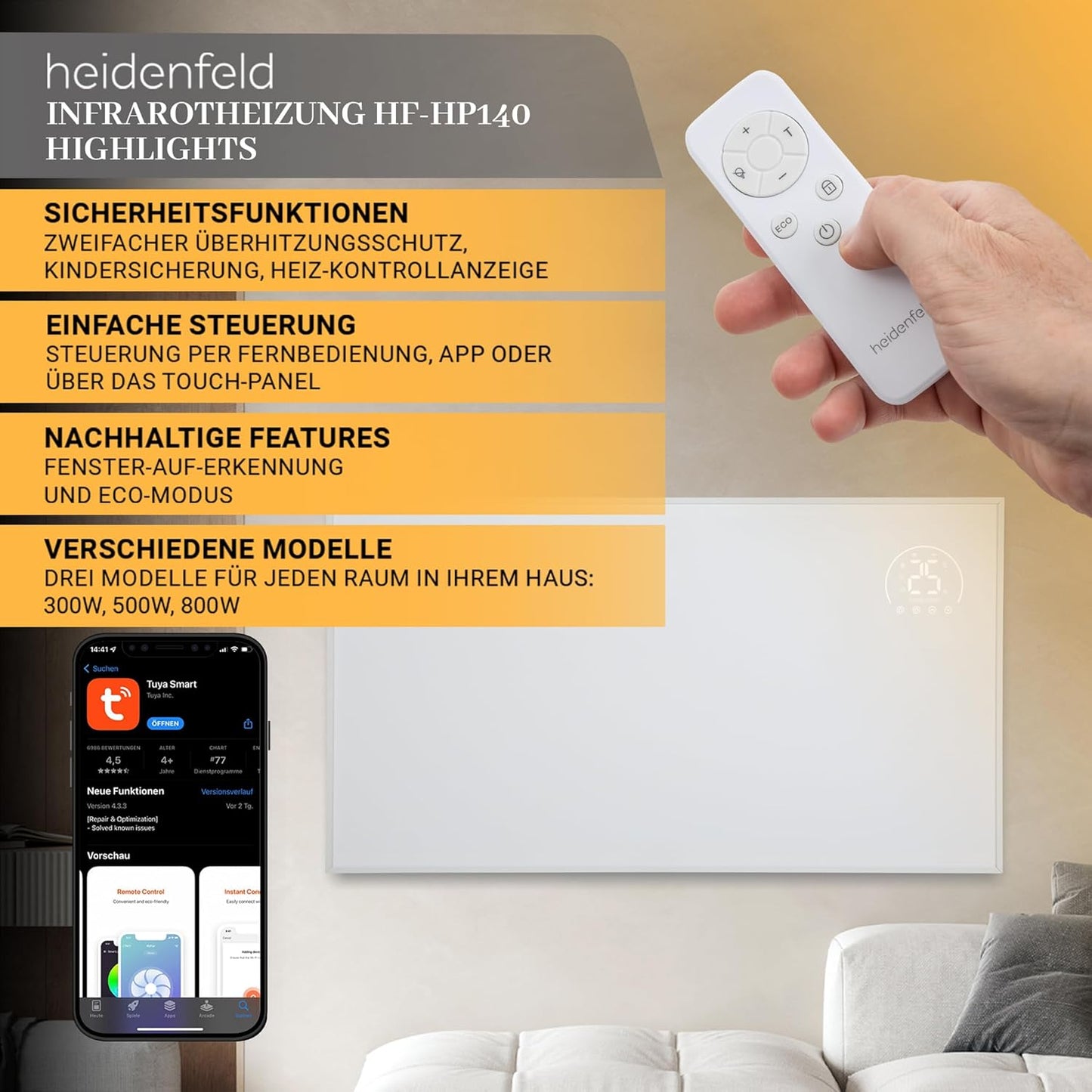 Infrarotheizung HF-HP140 mit 3in1 Steuerung via App, Fernbedienung, Touch-Bedienfeld, Hf-hp140 800 Watt