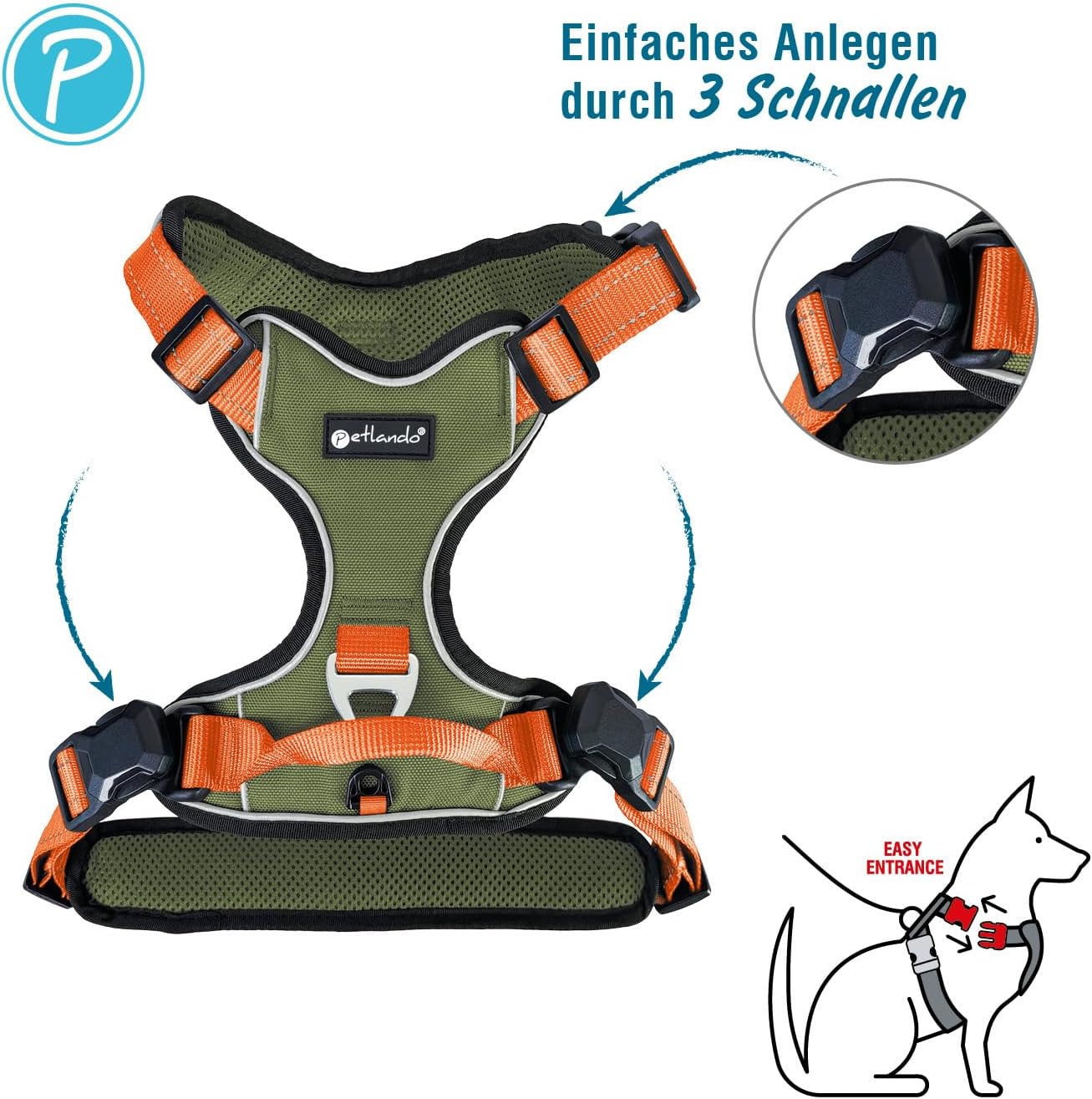Hundegeschirr Magnetech mit Magnetschnalle und Griff, reflektierend, Olive/ Orange XL