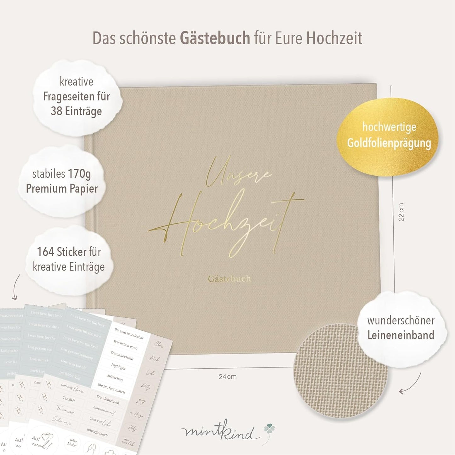 Hochzeit-Gästebuch mit Fragen (inkl. Sticker), Mit Fragen Beige