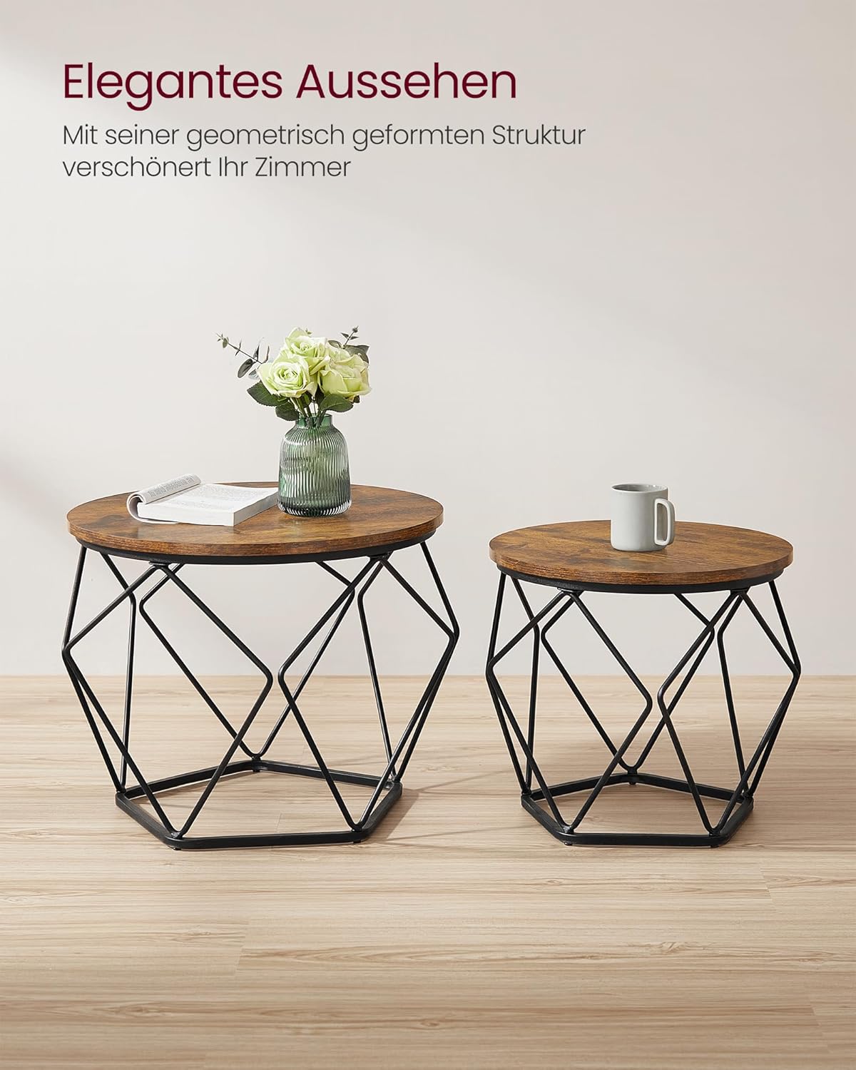 Runder Couchtisch im 2er Set, Vintage-Design, (60d x 45H) cm+(50d x 40H) cm Vintagebraun + Tintenschwarz