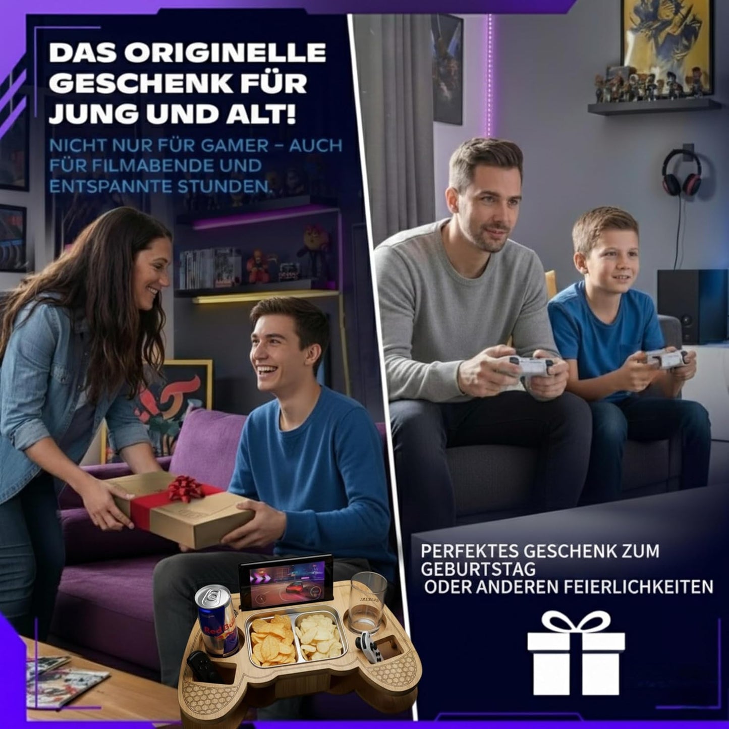 SnackPad Couchbar im Controller-Design für Gamer, Bambus