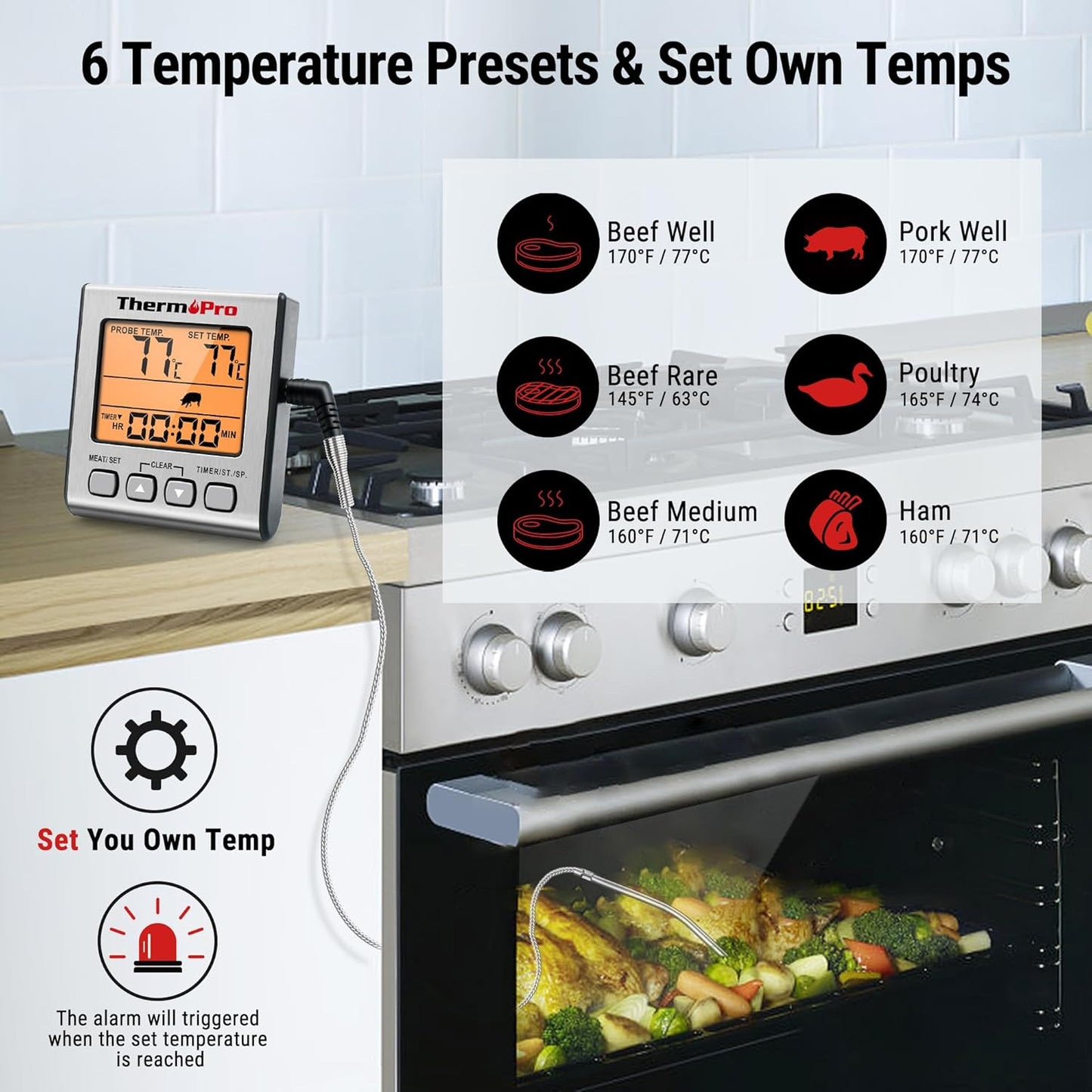 Digitales Grill- und Bratenthermometer mit Timer, Edelstahl mit Hintergrundbeleuchtung