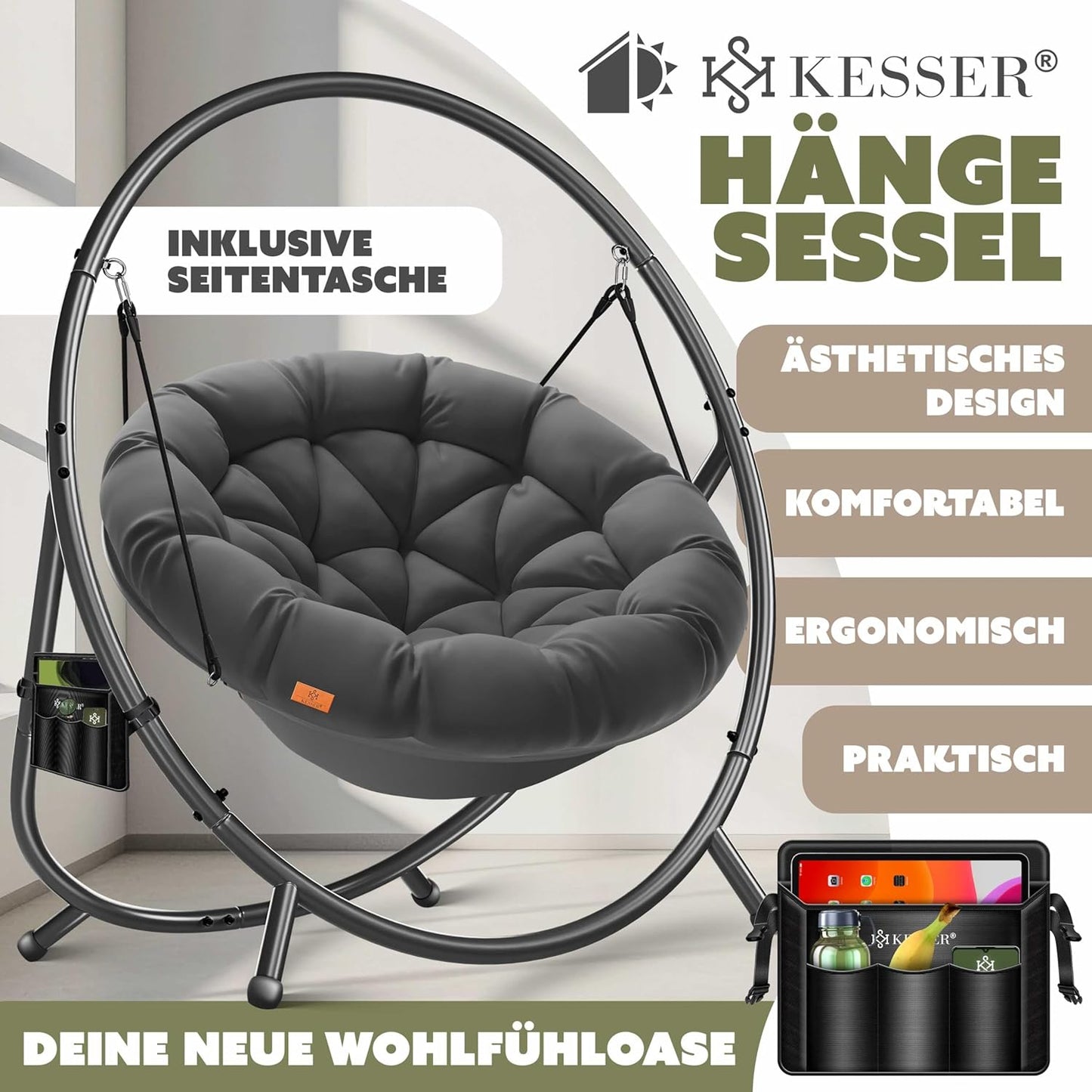 Hängesessel mit Gestell und Kissen-Set, Anthrazit