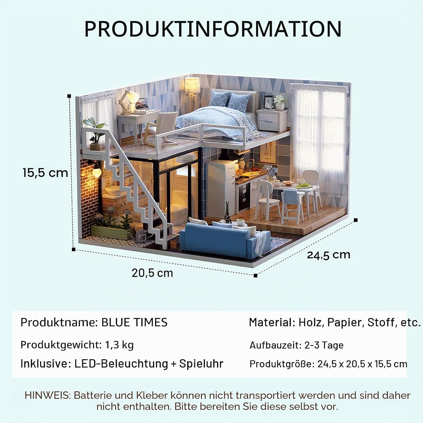DIY Miniatur Puppenhaus mit Musik & LED Lichtern, Blassblaue Zeit