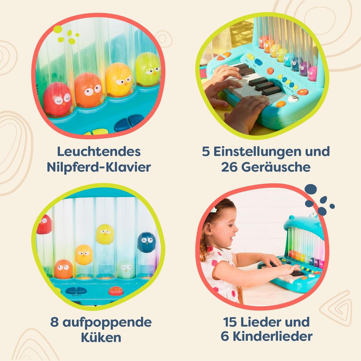 Hippo Spielzeugkeyboard mit Lichtern und Liedern, Hippo Keyboard