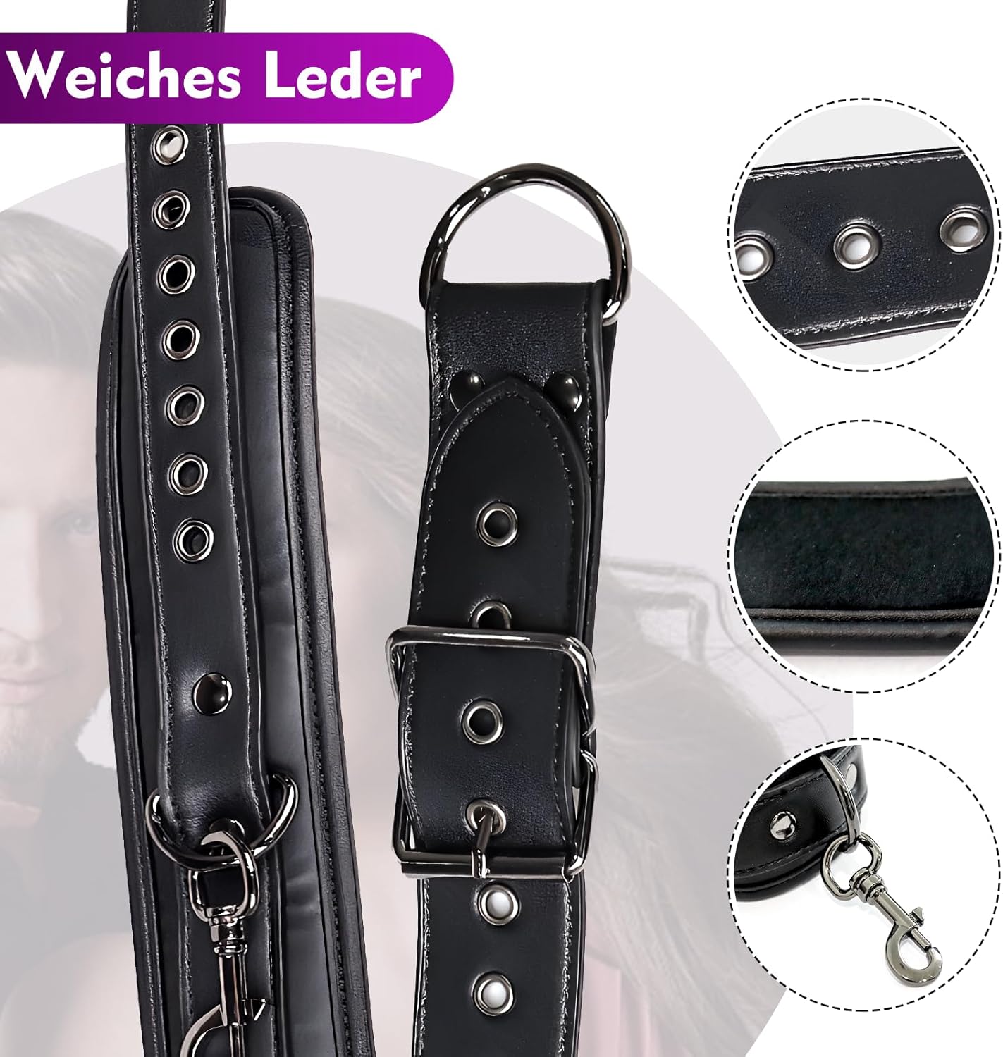 Bondage Set mit Lederhandschellen, Halsband und Leine