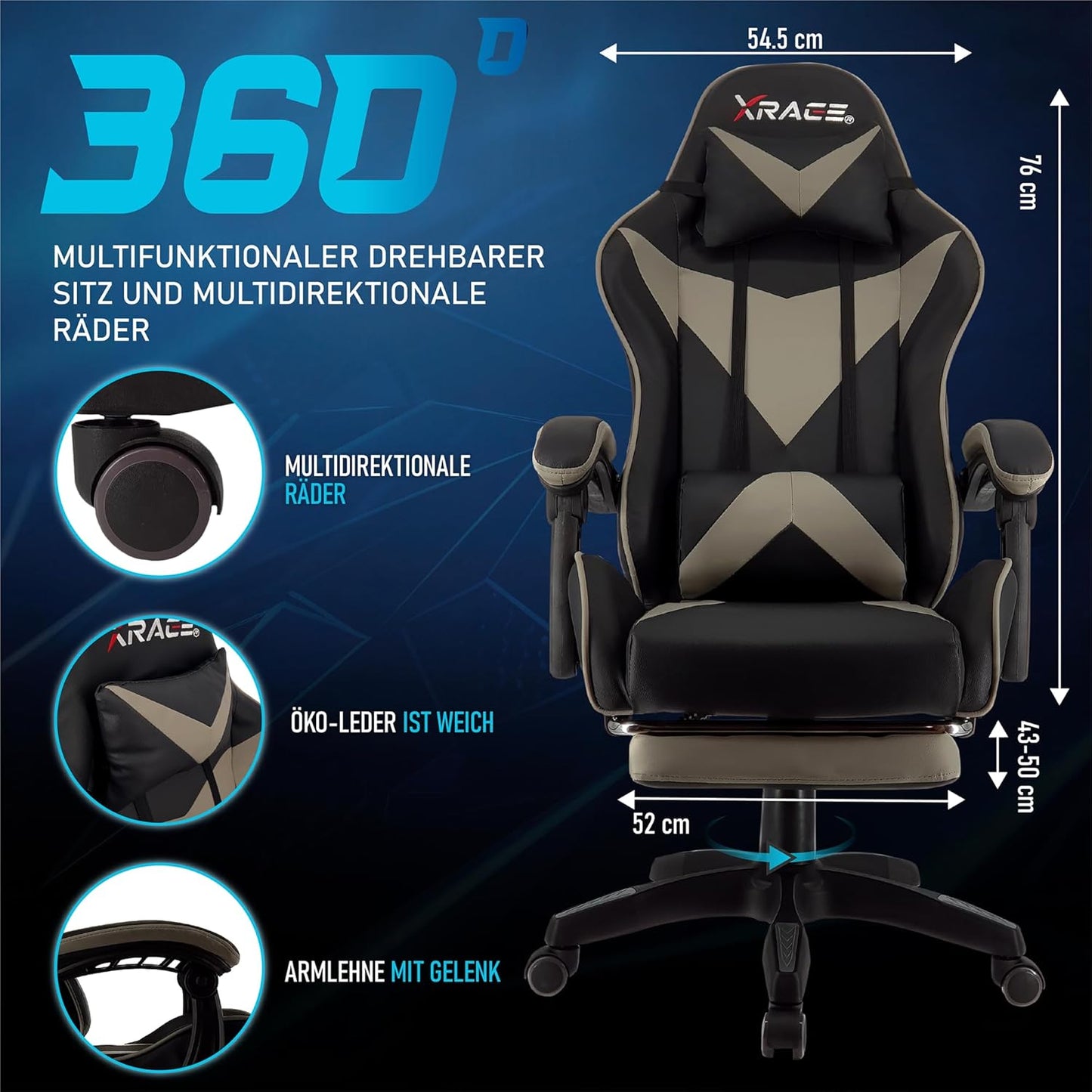 Ergonomischer Gaming-Stuhl mit Lendenwirbelstütze und Fussstütze, Grau
