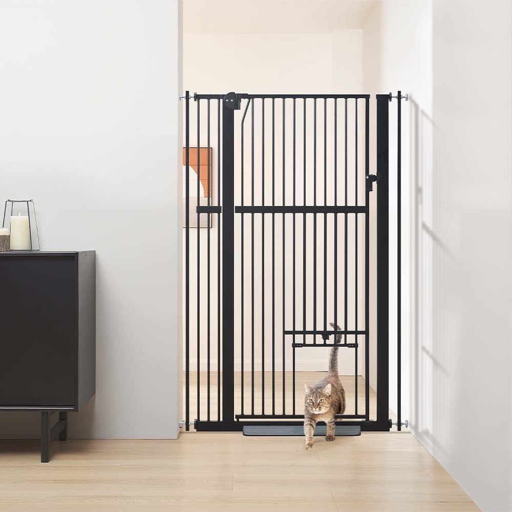 Hohes Haustiergitter mit Katzentür, Schwarz 79-95 cm Breite