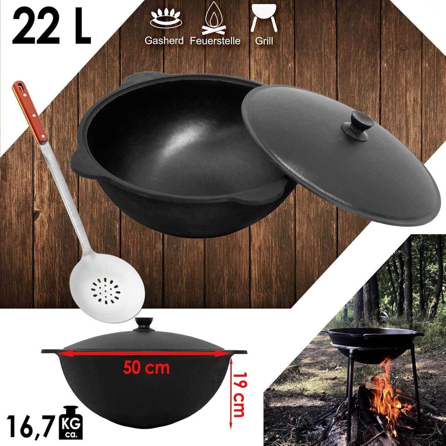 Wok-Pfanne mit Schaumkelle, 22 L|Mit Schaumkelle