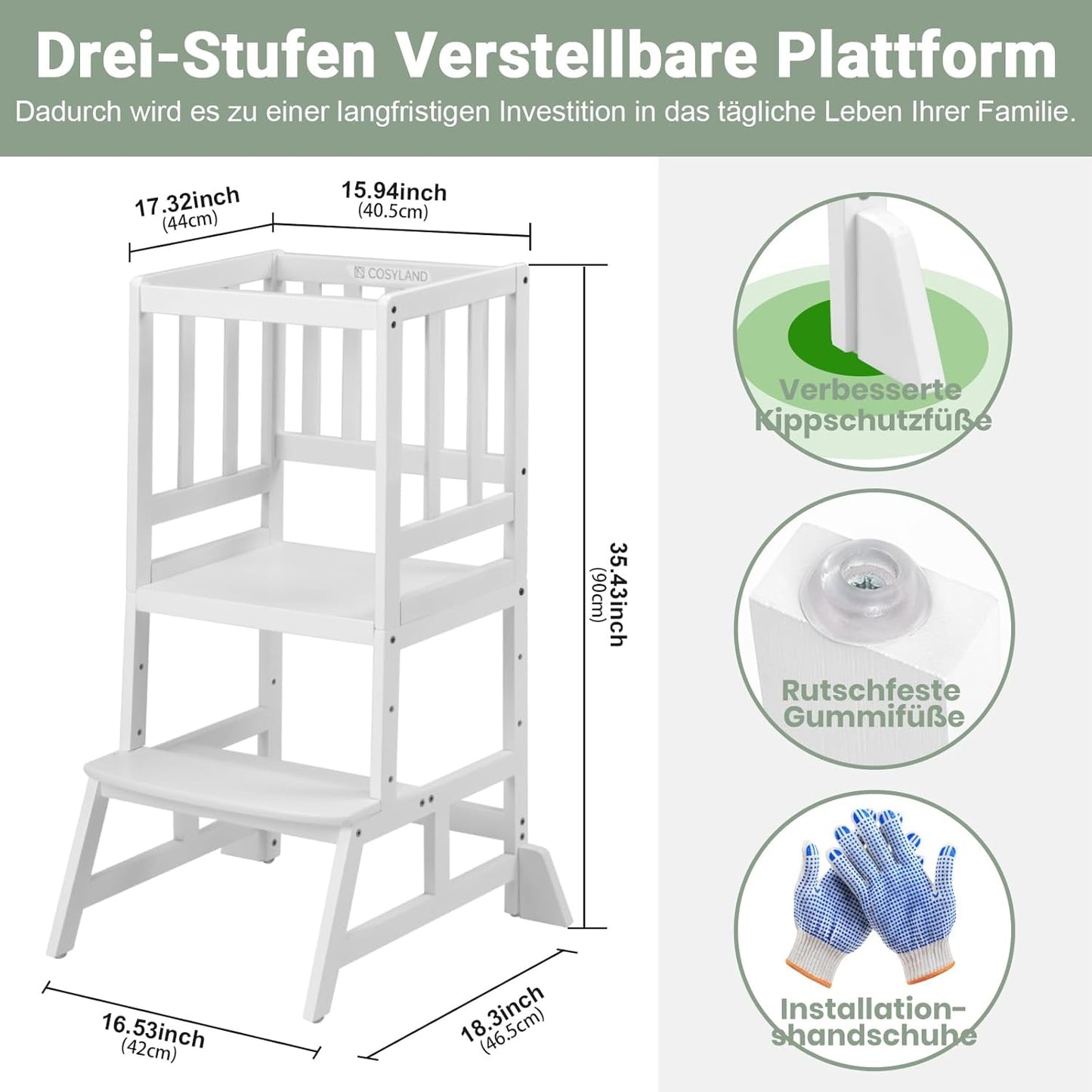 Höhenverstellbarer Lernturm mit Kippschutz, Klassisch Weiss