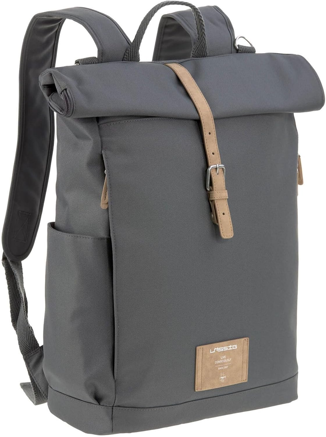 Rolltop Wickelrucksack mit Kinderwagenbefestigung, Dunkelgrau