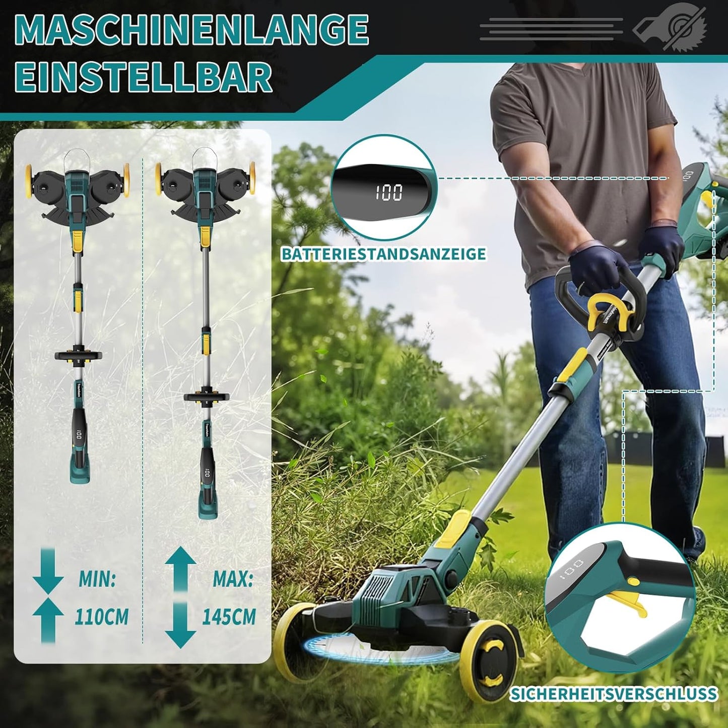 Akku-Rasentrimmer 5 in 1 mit Unkrautbürste 21V, Schwarz