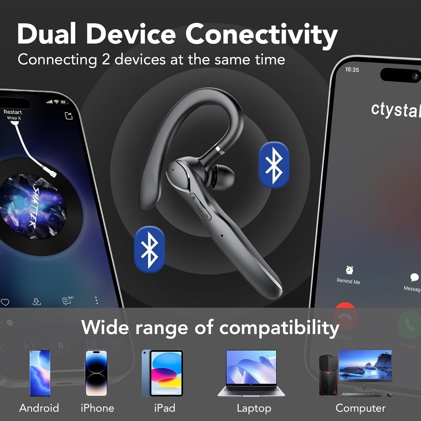 Bluetooth-Headset mit Noise Cancelling Mikrofon, dunkelschwarz
