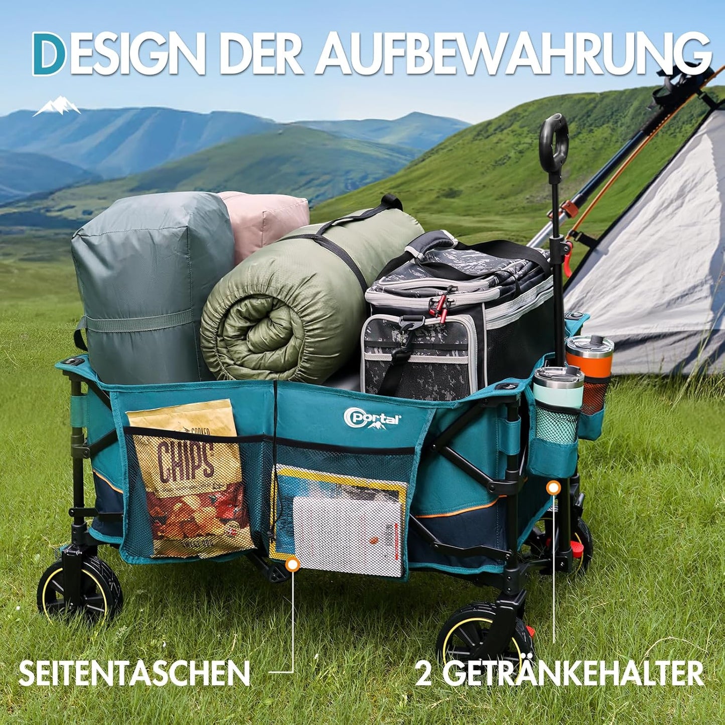 Faltbarer Bollerwagen mit Seitentaschen und Getränkehalter, Blau