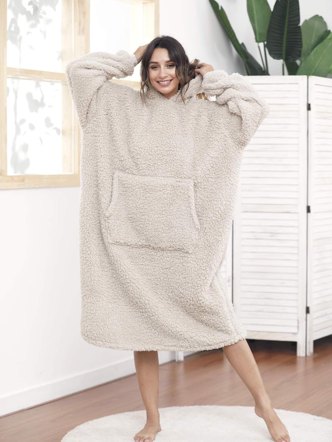 Sherpa-Decke mit Kapuze (Einheitsgrösse), Einheitsgröße Beige