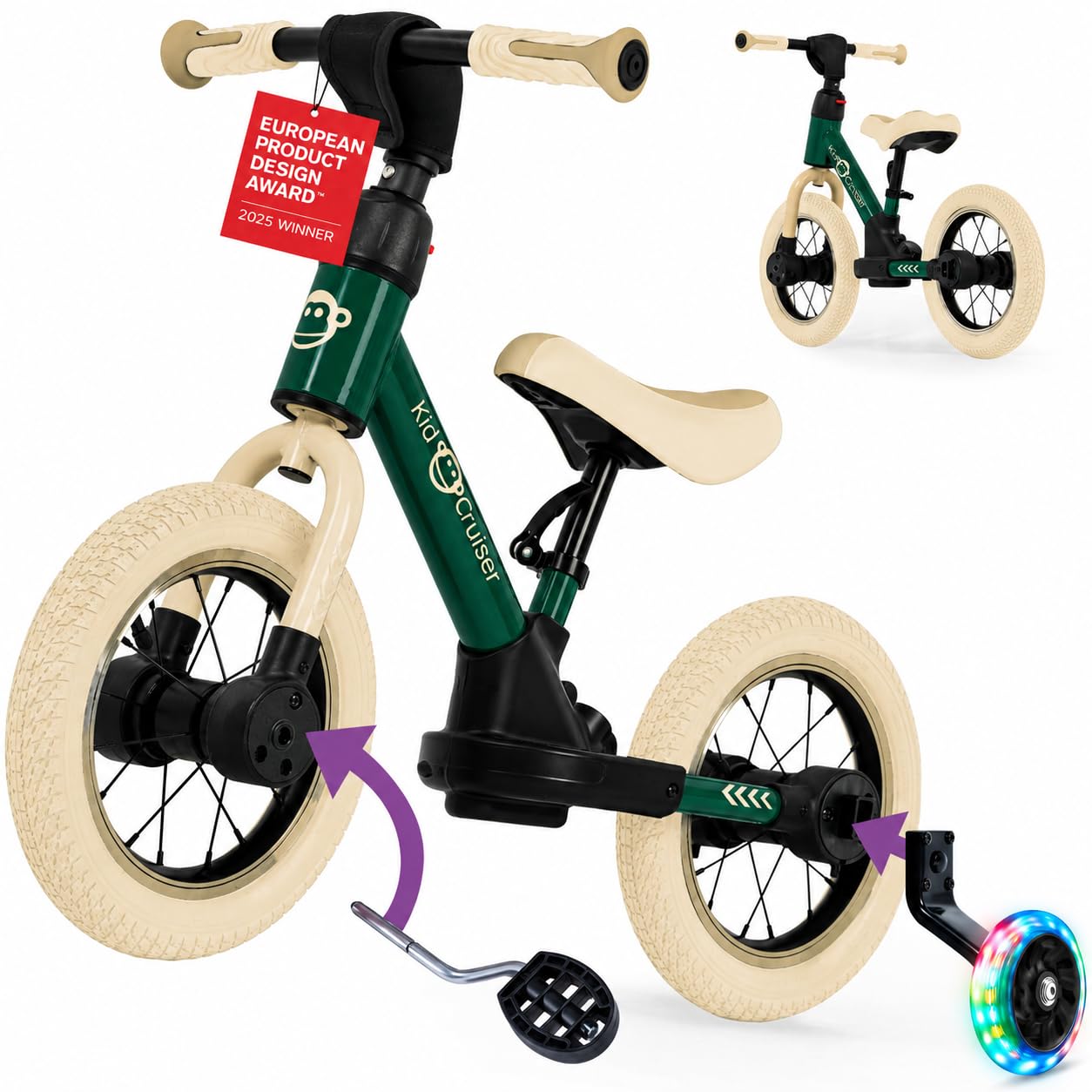 Pedalplay 3-in-1 Laufrad mit LED-Stützrädern & Pedalen, Waldgrün & cremiges Weiss