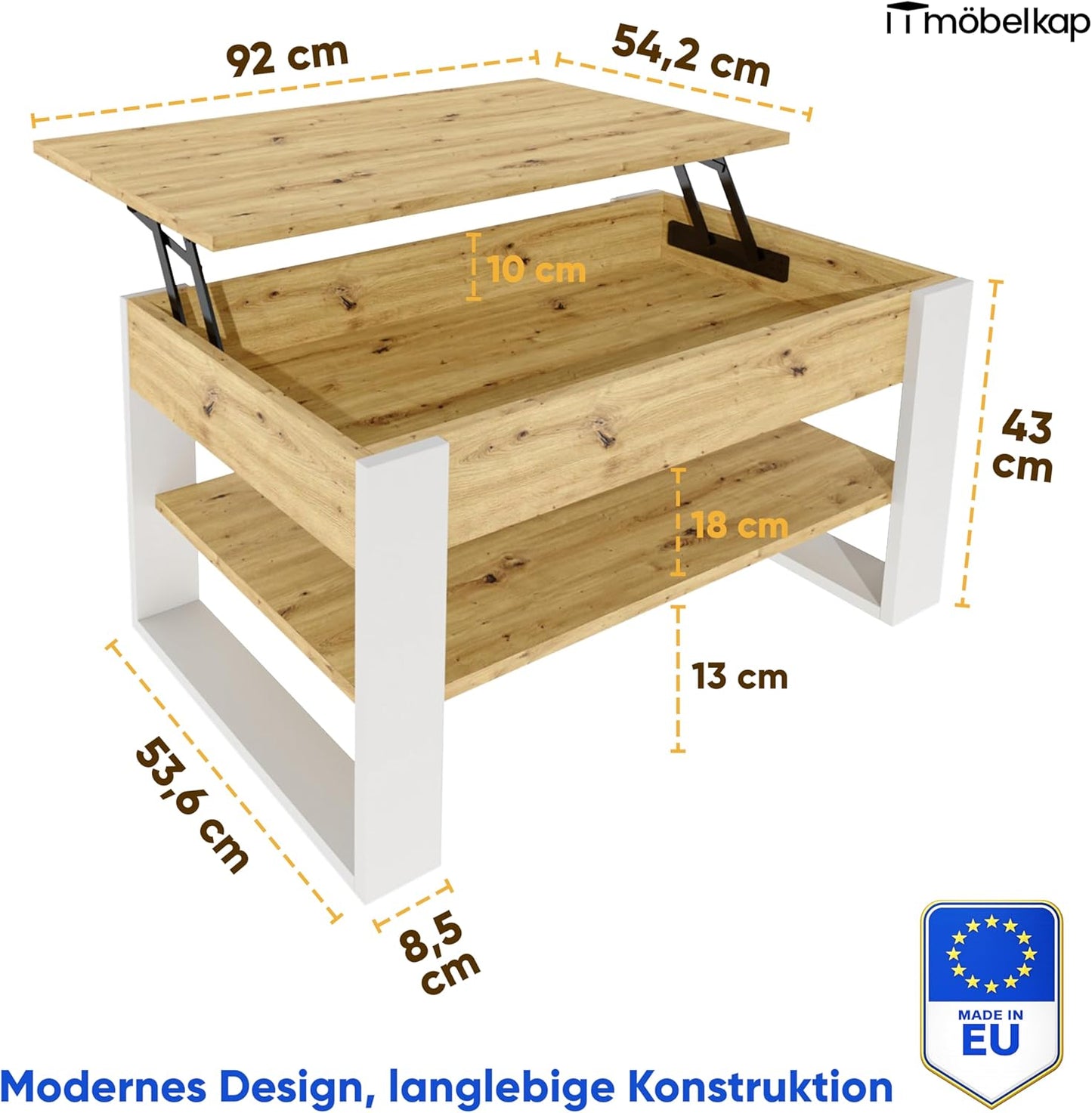 Höhenverstellbarer Couchtisch mit Stauraum, Eiche Artisan / Weiss