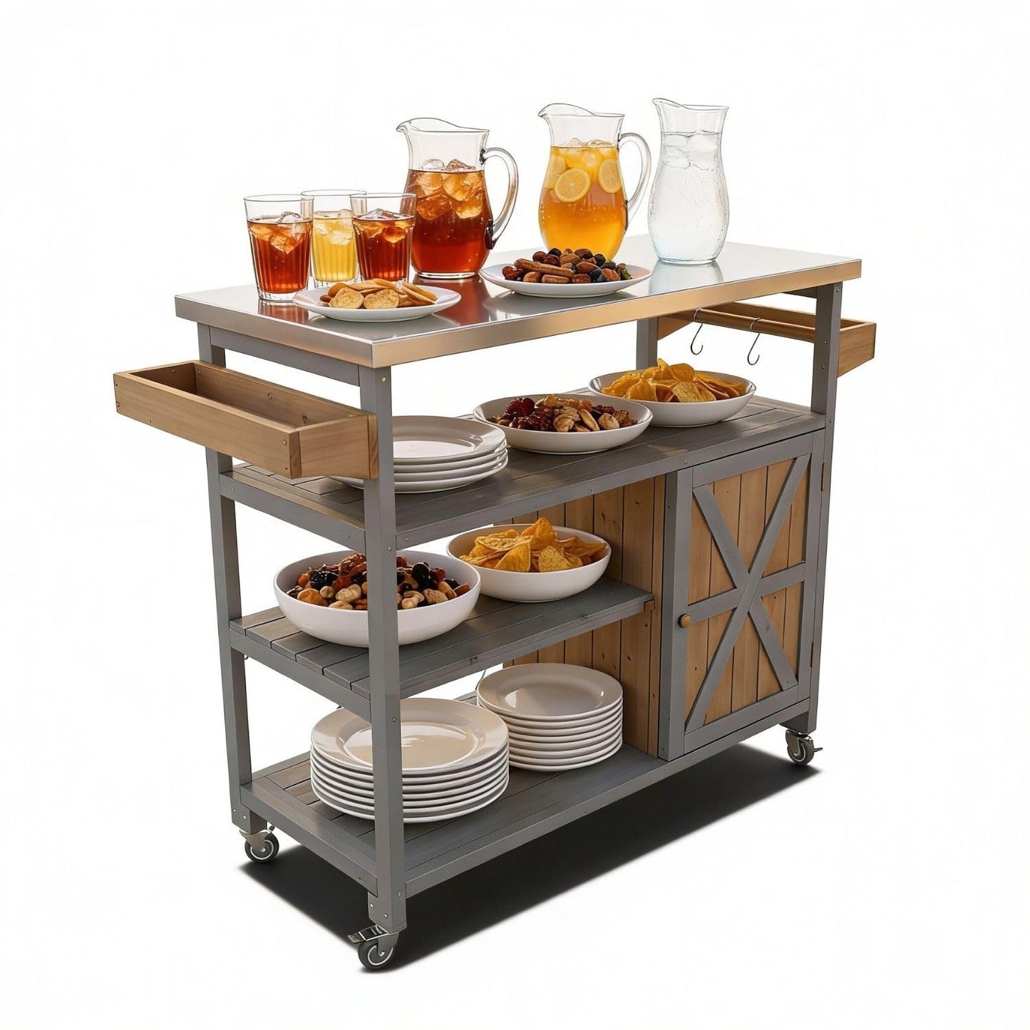 Servierwagen mit Rollen und Edelstahltop, 118 x 47 cm Grau