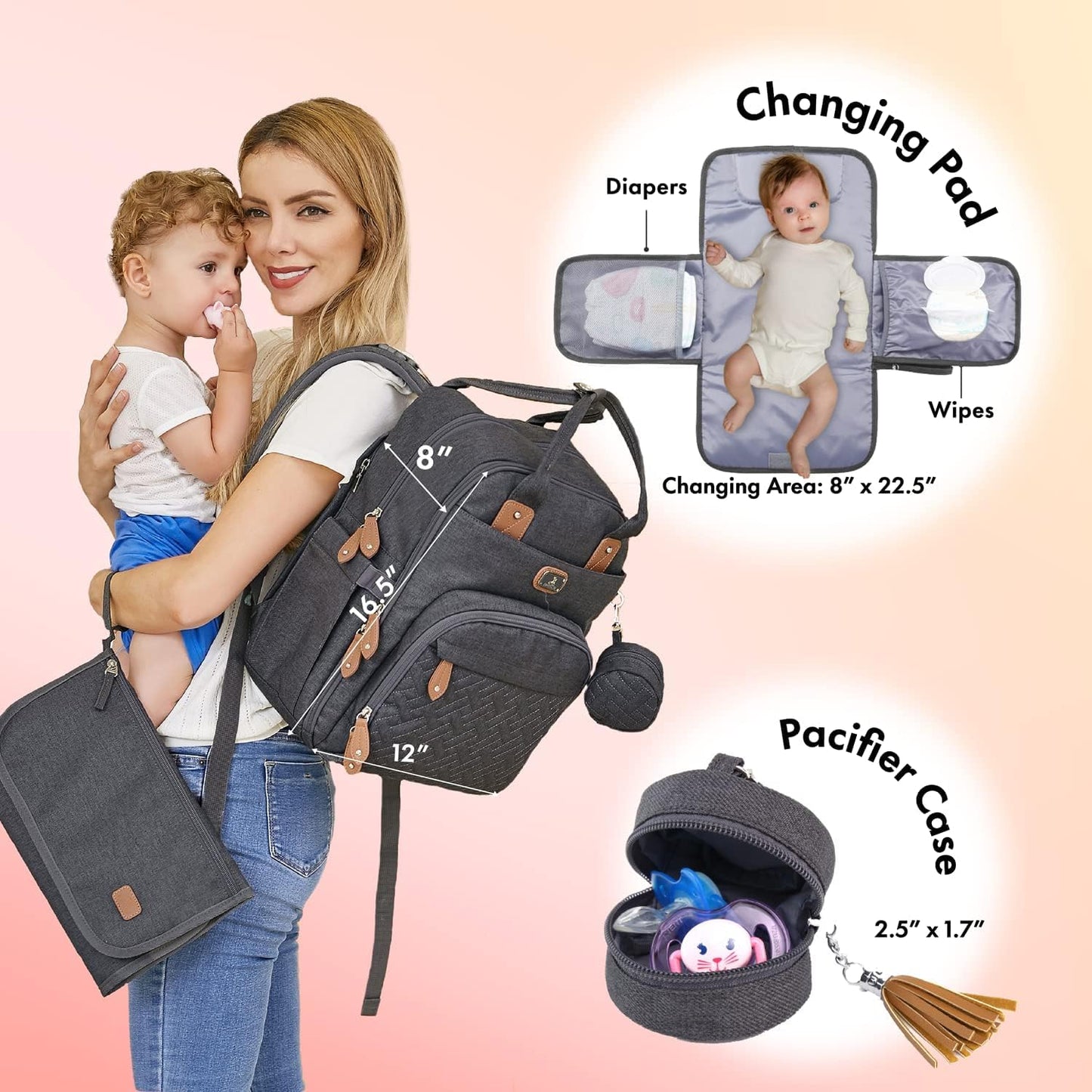 Wickeltasche Rucksack mit Wickelauflage und Zubehör, Dunkelgrau