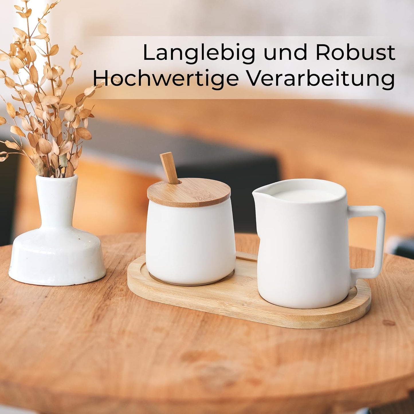 Milch- und Zucker-Set mit Holztablett, Weiss