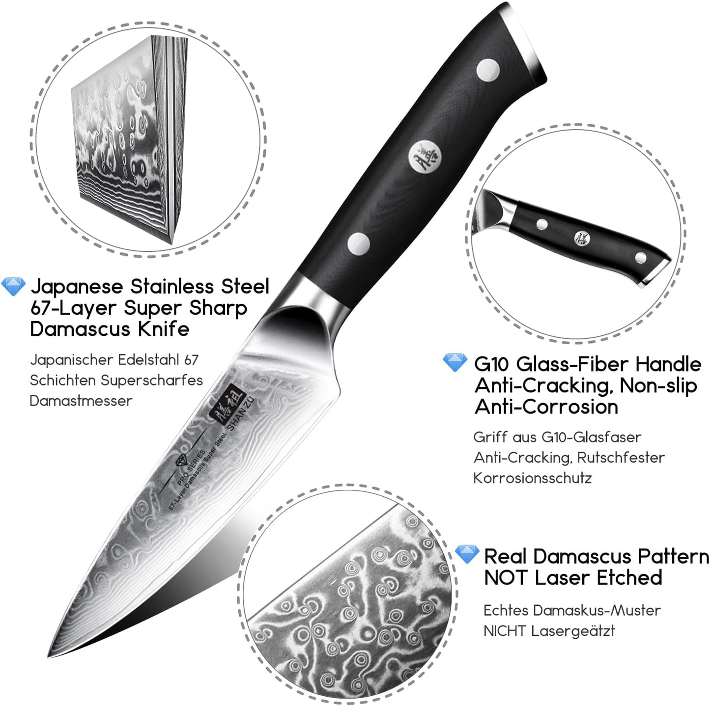 Gemüsemesser ‎SZPCS-2017-005, Damast Edelstahl Spickmesser 9,5cm