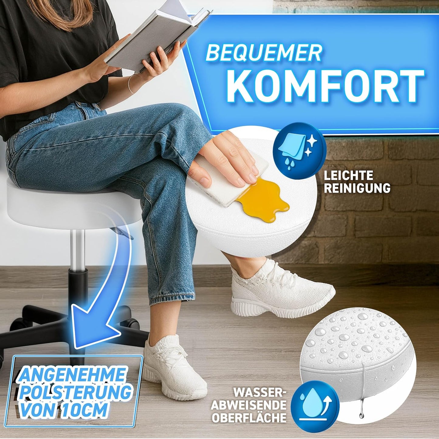 Höhenverstellbarer Rollhocker, Weiss