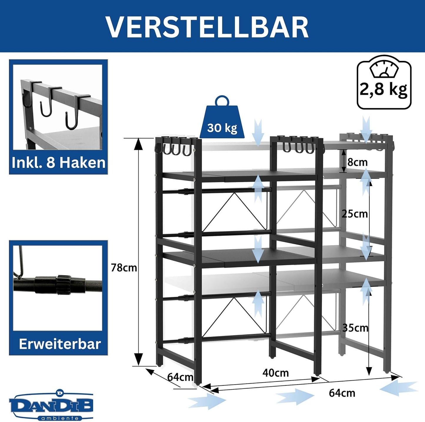 Verstellbares Mikrowellenregal 3-stufig, Schwarz 3 Stufig / Höhe 78 cm