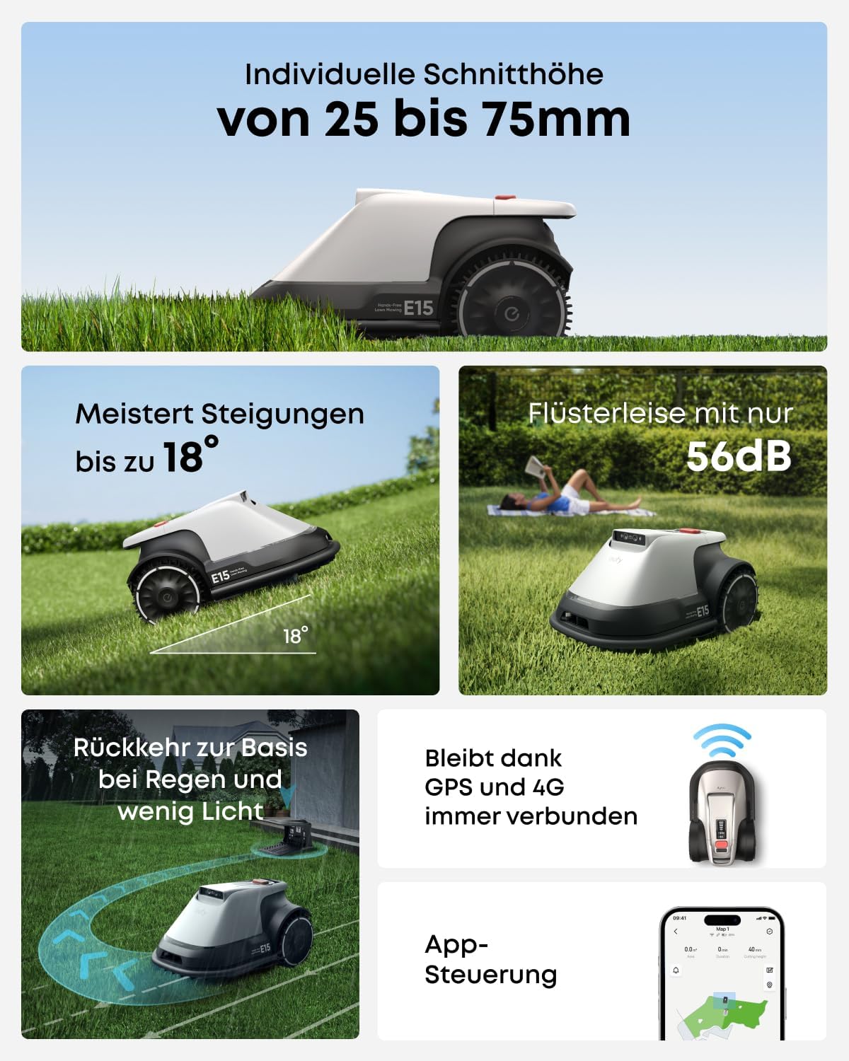 E15 Mähroboter mit Smart-Navigation bis 800m², E15 Garten bis 800m²