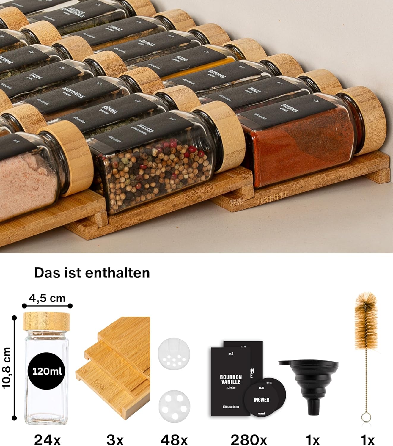 Gewürzgläser-Set mit Schubladeneinsatz, 24 Stk, fix, Bambus, Deckel Bambus