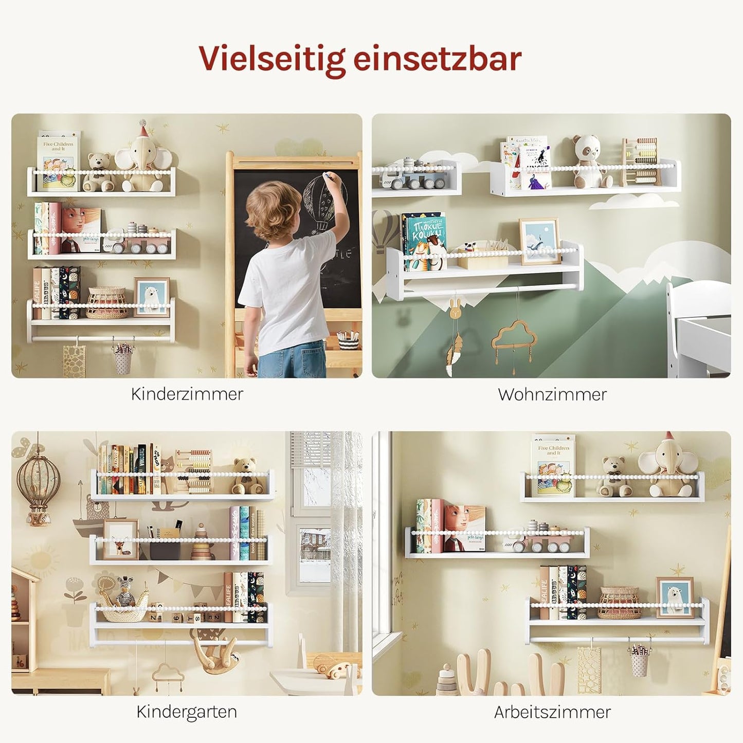 3er-Set Kinder-Bücherregal für die Wand, 60 x 15 x 14 cm Weiss