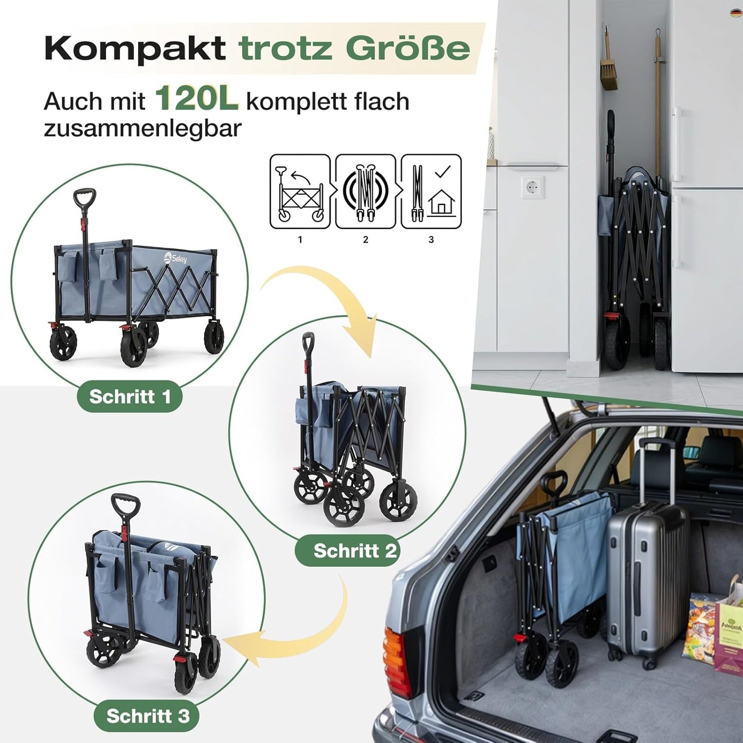 Faltbarer Bollerwagen mit Bremse 120L 100kg, Blau 120L