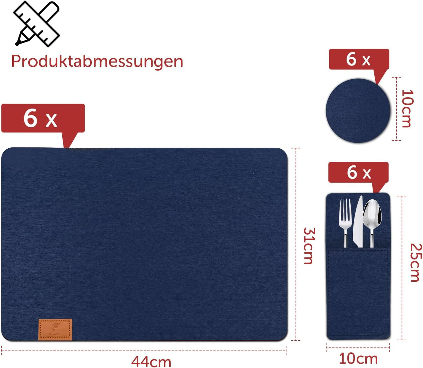 18er-Set Filz-Tischset mit Untersetzern, 18er Set - Rechteckig Dunkelblau