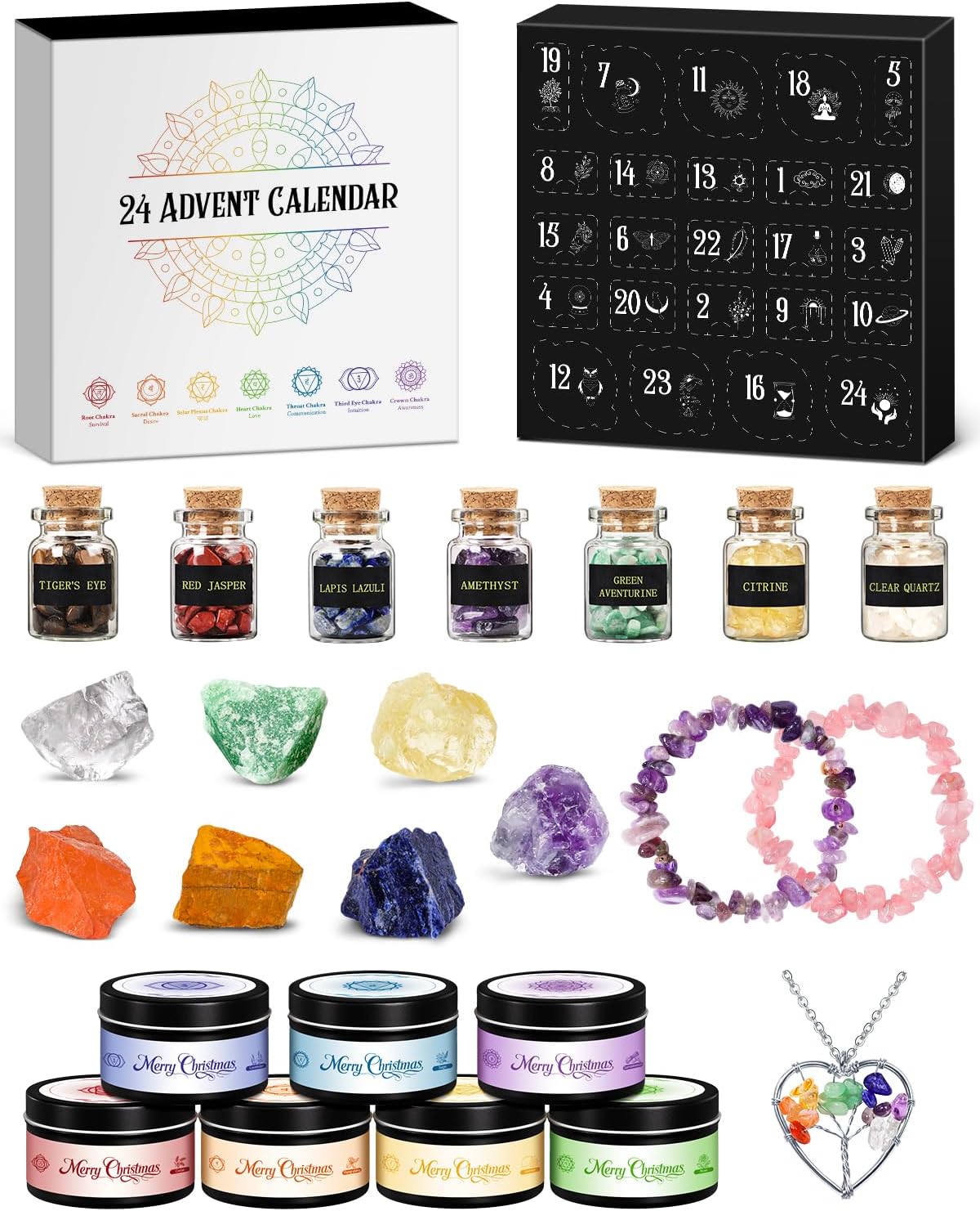 Chakra-Adventskalender mit Edelsteinen und Duftkerzen