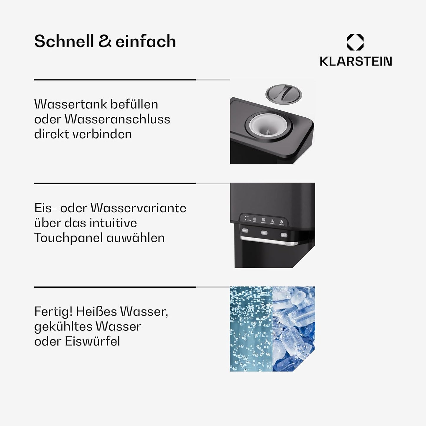 Eiswürfelmaschine mit Selbstreinigung, Schwarz 3 in1 Warmwasser Mechanisch