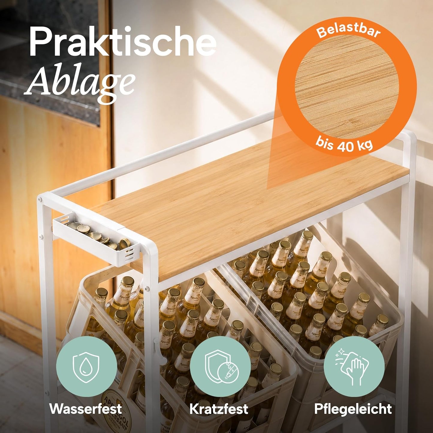 Getränkekistenregal mit Flaschenöffner & Haken, Weiss 4