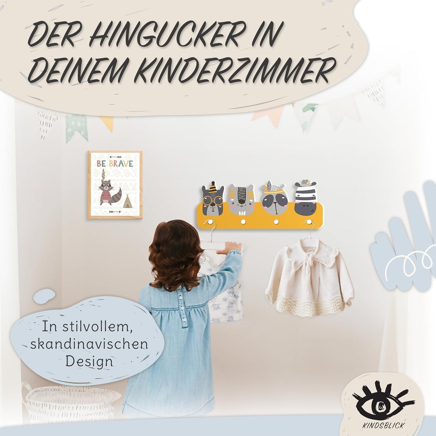 Kindergarderobe mit 4 Haken & A4 Poster, Indianer Senfgelb