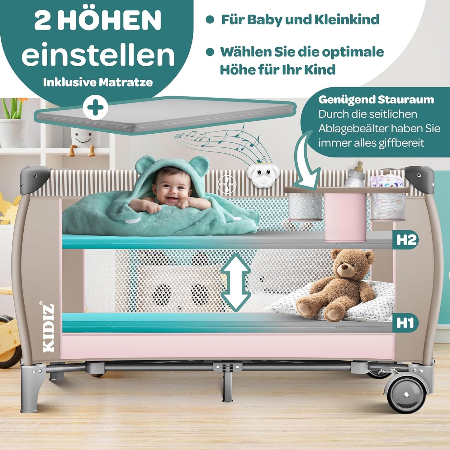Klappbares Reisebett, Rosa / Beige