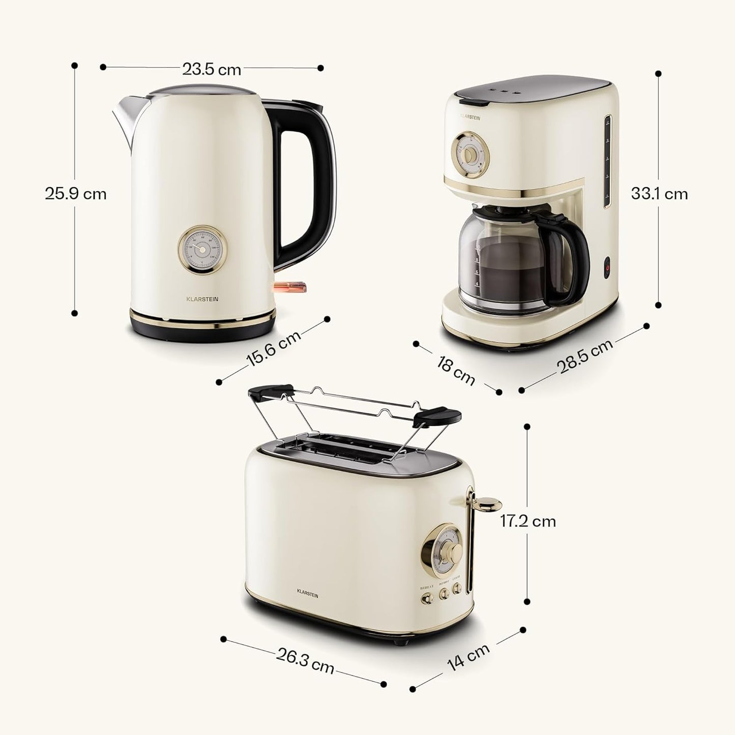 Frühstücksset mit Toaster, Wasserkocher & Kaffeemaschine, Creme Komplettset
