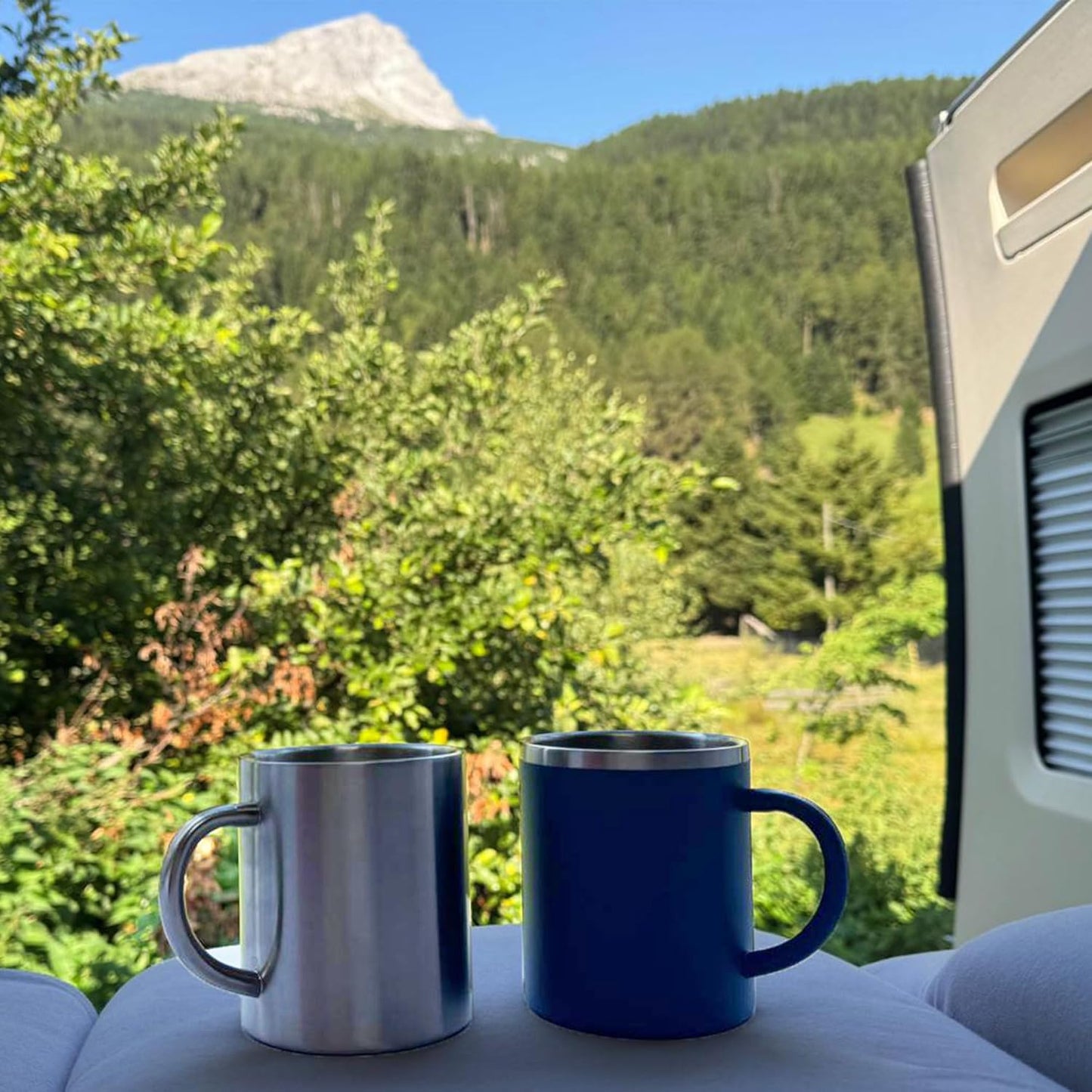 Melamin Geschirr Set für Camping (2 Personen), 2 Personen - Edelstahltassen Blau