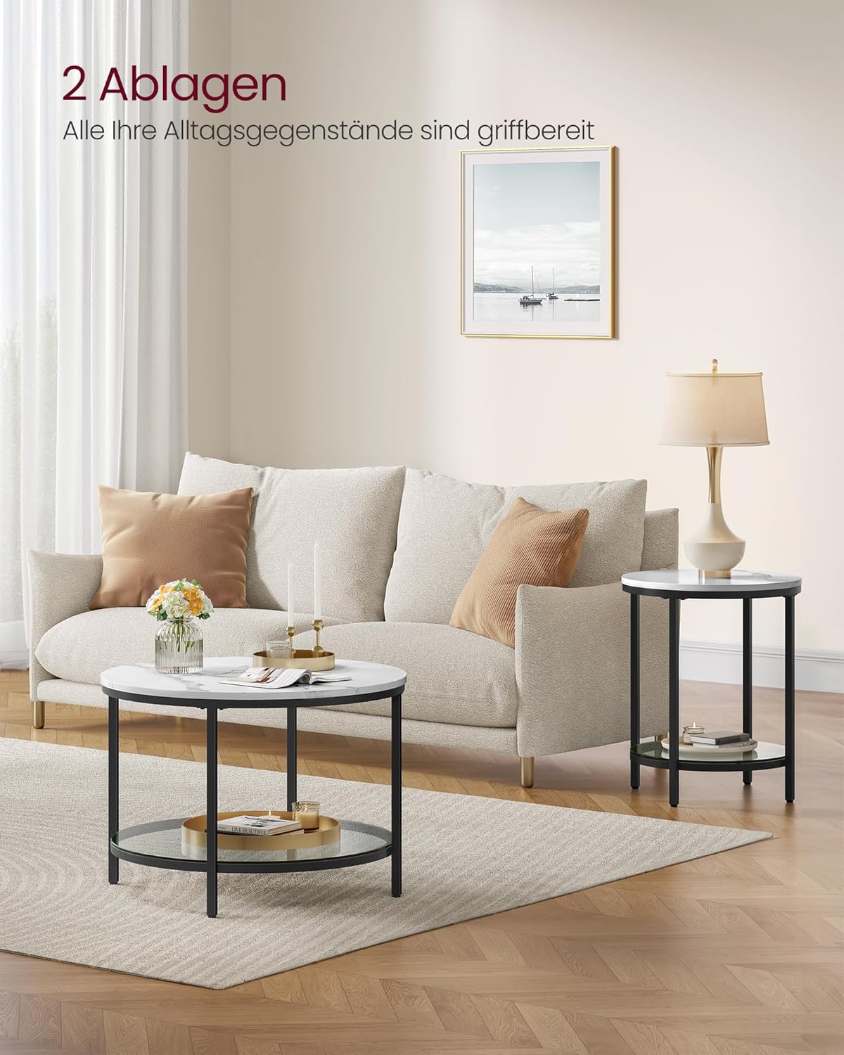 Moderner Couchtisch mit Glasplatte und Stauraum, 65d cm Marmorweiss + Tintenschwarz
