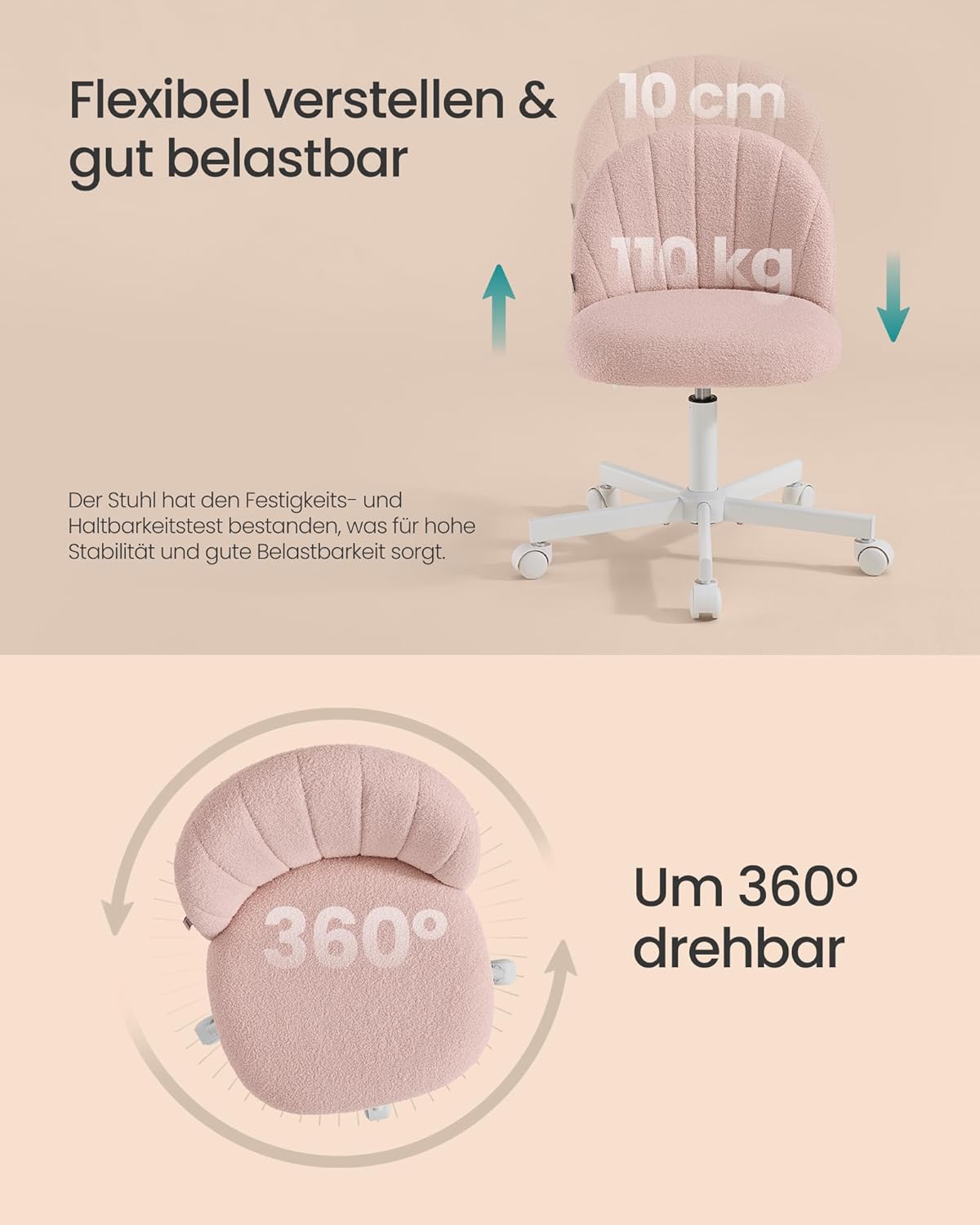 Höhenverstellbarer Drehstuhl, Rosa Sherpa-Stoff