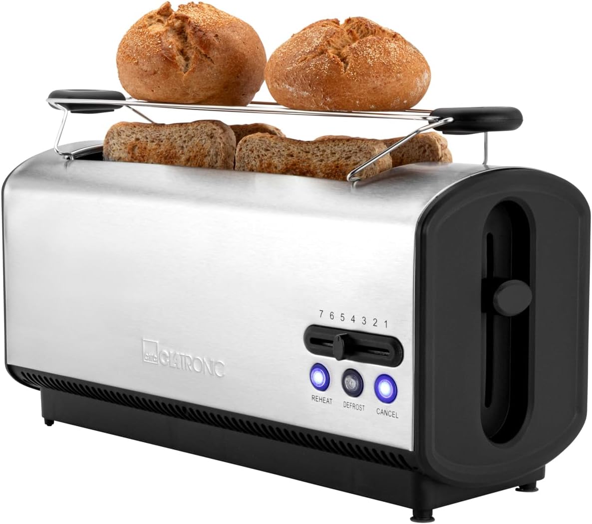 Langschlitztoaster mit Brötchenaufsatz, Silber