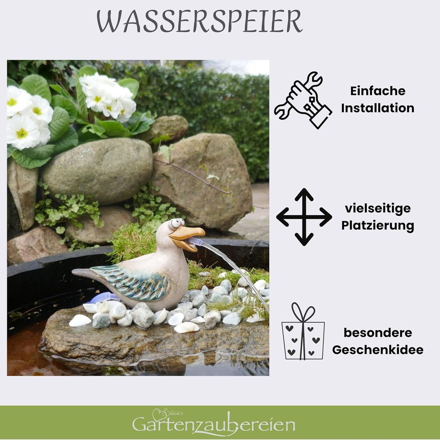 Solar-Wasserspeier Möwe mit Solarpumpe für Teiche
