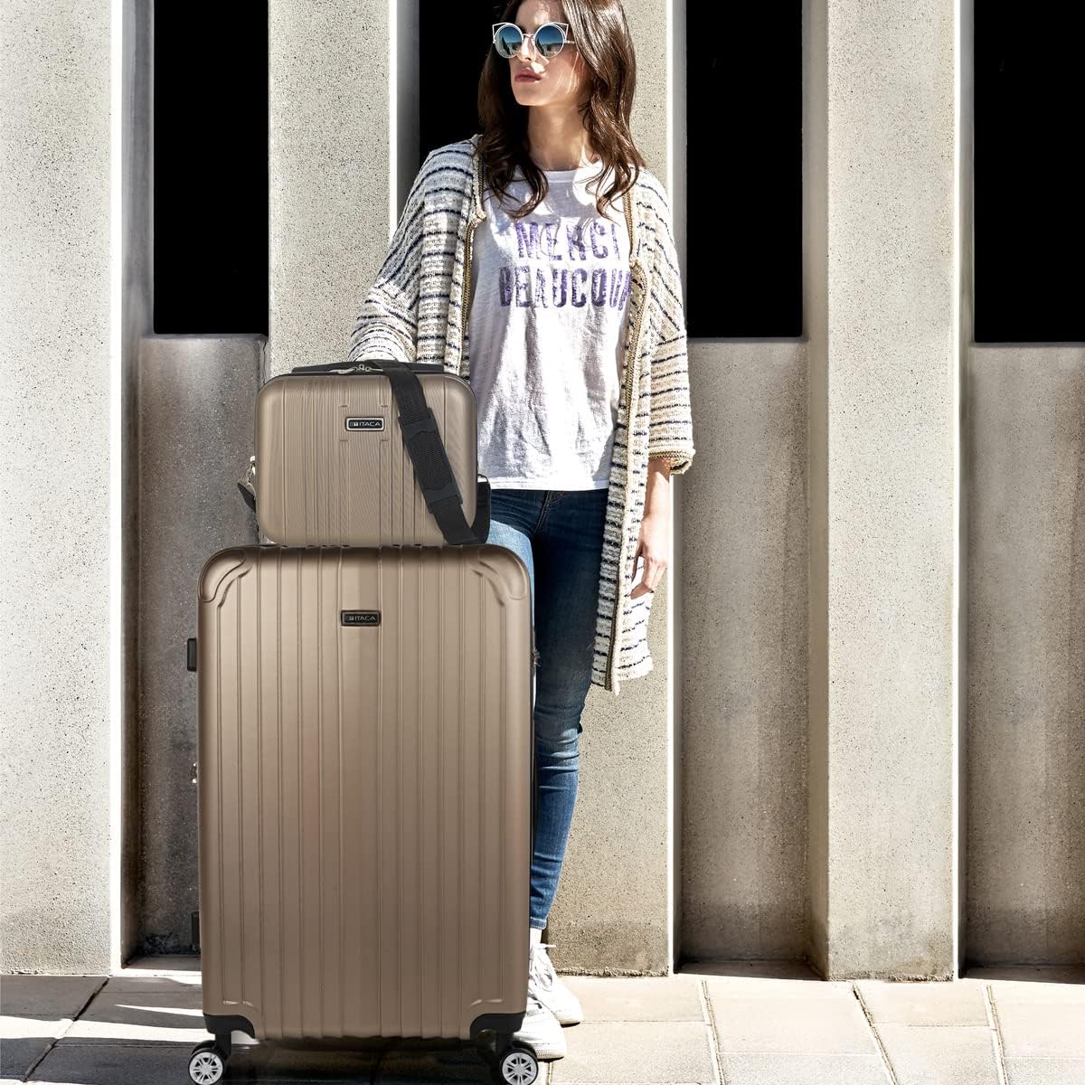 Hartschalenkoffer mit Beautycase, erweiterbar & Zahlenschloss, Champagner L + XS