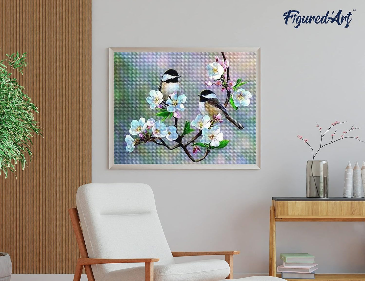 Diamond Painting, 40 x 50 cm, Kleine Vögel und weiße Blumen 40x50cm (Ohne Rahmen)