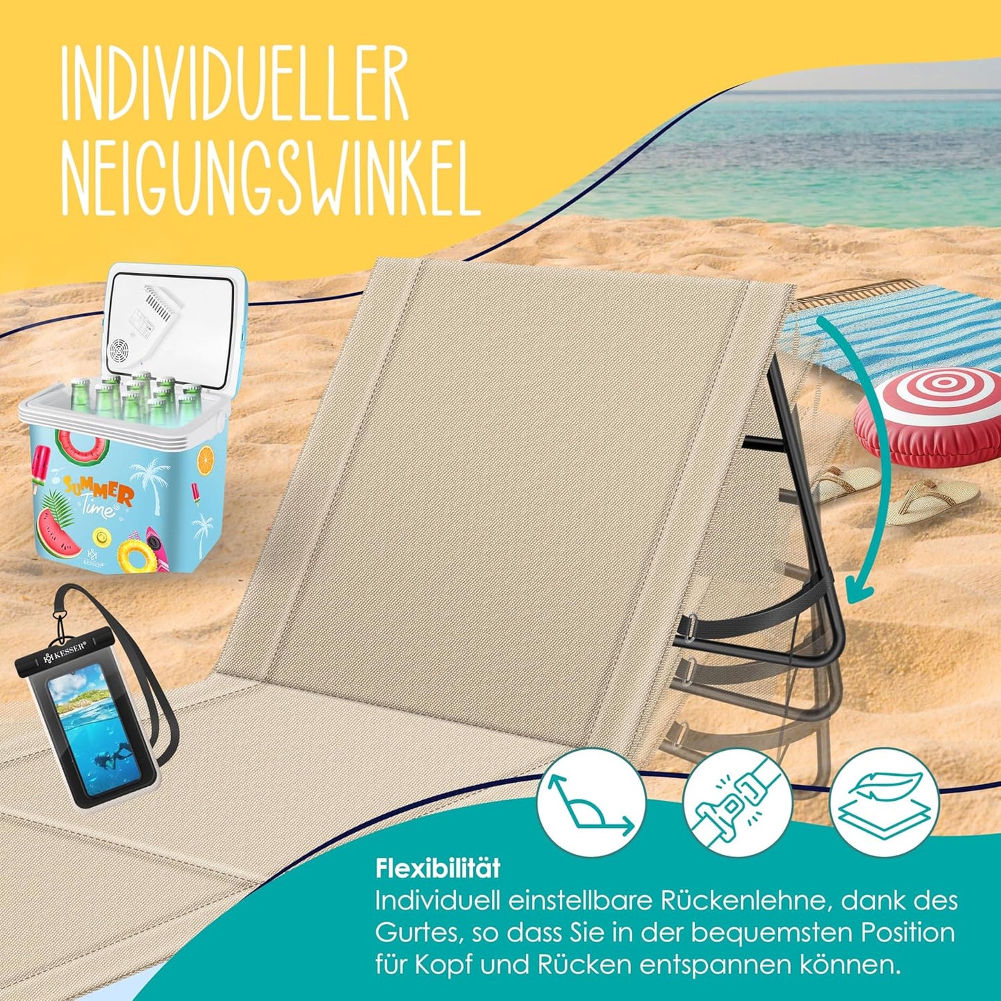 Klappbare Strandmatte mit Rücklehne und Tasche, 1 Stück Beige
